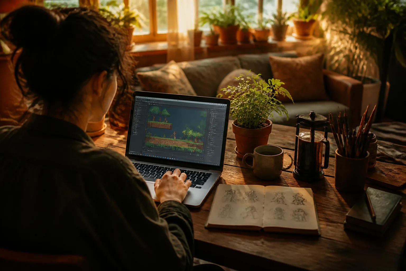 A cozy home desk in warm light with a laptop showing a colorful game prototype and a sketchbook