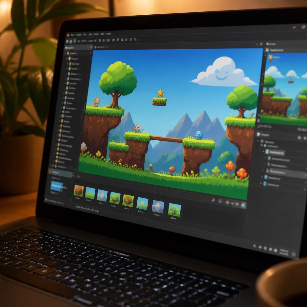 A laptop screen showing a colorful 2D platformer prototype