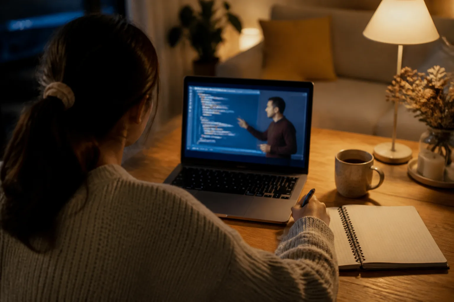 Someone following an online coding workshop on a laptop in warm evening light